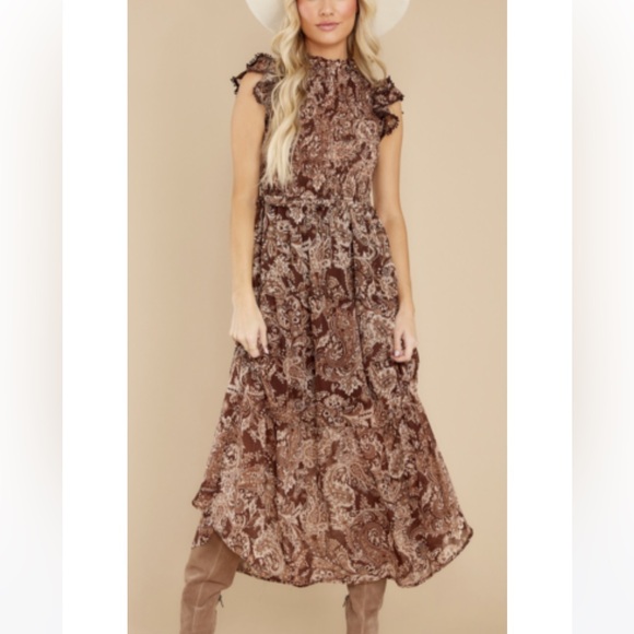 Red Dress Boutique Dresses & Skirts - Moon River Beautiful Frills Copper Brown Midi Dress